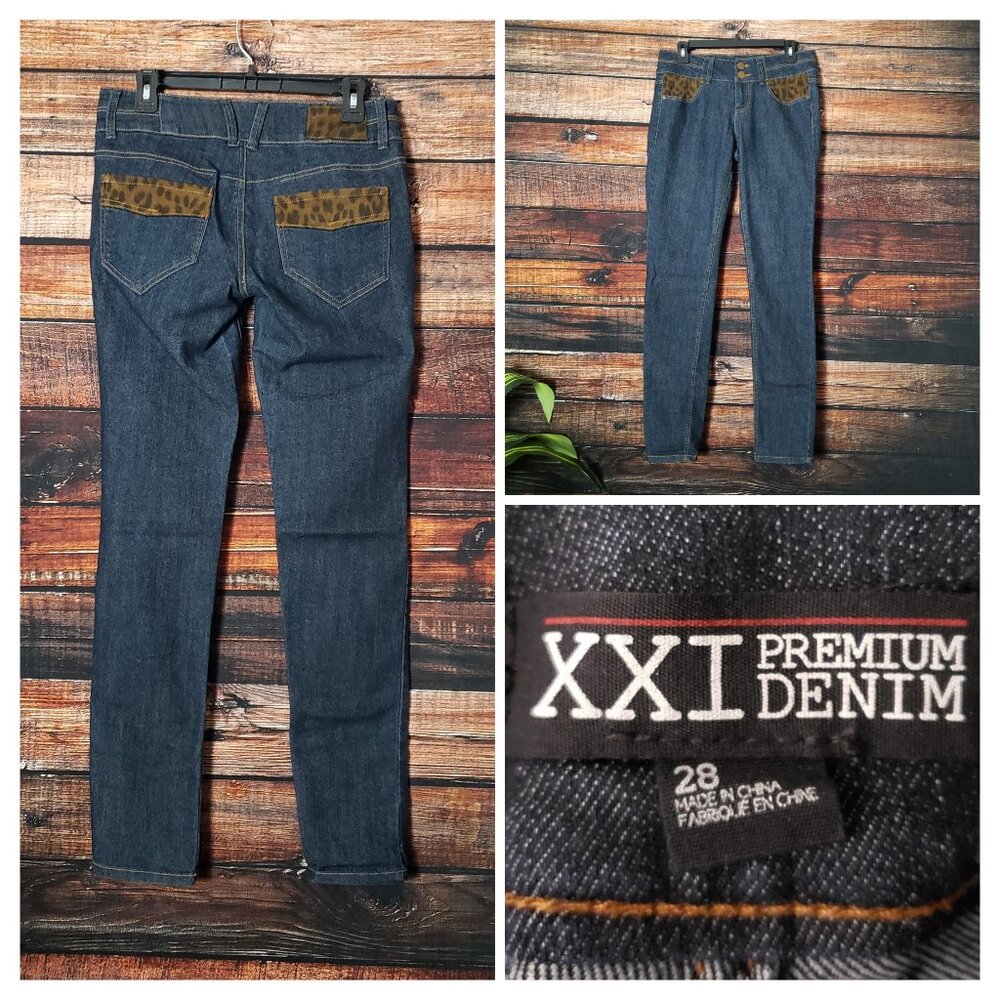 XXI Premium Denim Forever 21 Jeans 28 Dark Wash Leopard Print Embellished Skinny